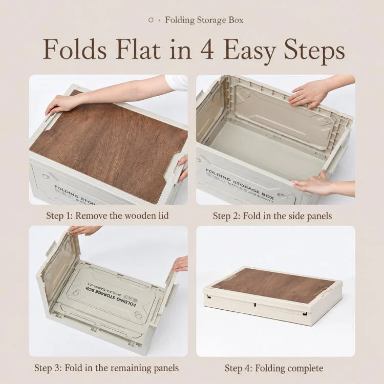 Collapsible Storage Bin with MDF Wooden Lid 5-Door Open Plastic Folding Storage Box Crate for Camping & Car Trunk 49 x 35 x 29cm(Army Green) - Image 9