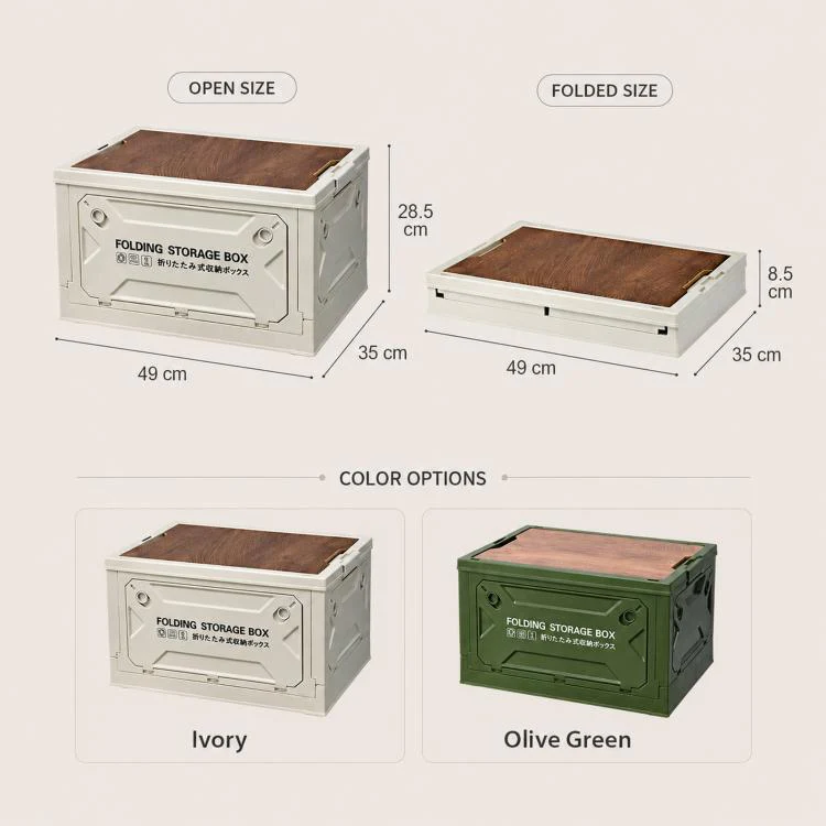 Collapsible Storage Bin with MDF Wooden Lid 5-Door Open Plastic Folding Storage Box Crate for Camping & Car Trunk 49 x 35 x 29cm(Grey White) - Image 11
