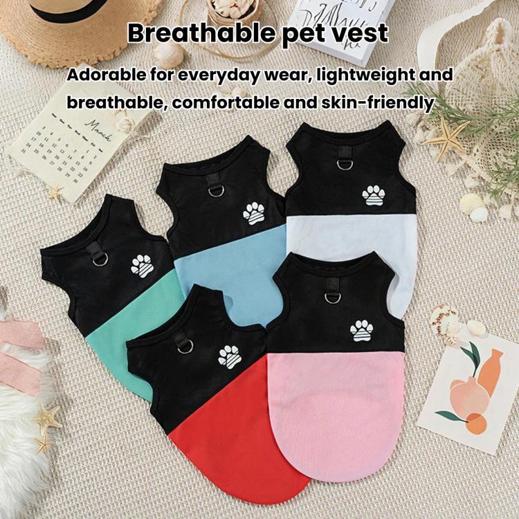 Color Block Dog Vest With Paw Print, Breathable Mesh Pet Harness Vest With Leash Attachment, Size: XS(White) - Image 2
