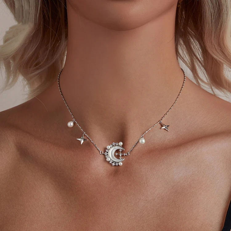 Copper Material Elegant Star Moon Pearl Necklace(YIN115) - Image 5