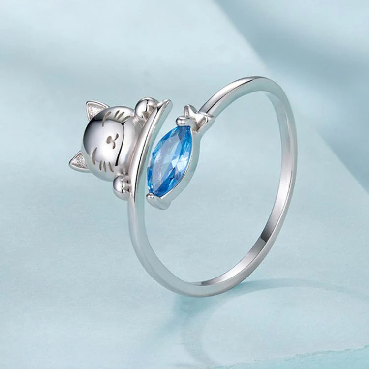 Copper-plated White Gold Cat Eating Fish Cute Open Ring(YIR307-E) - Image 2