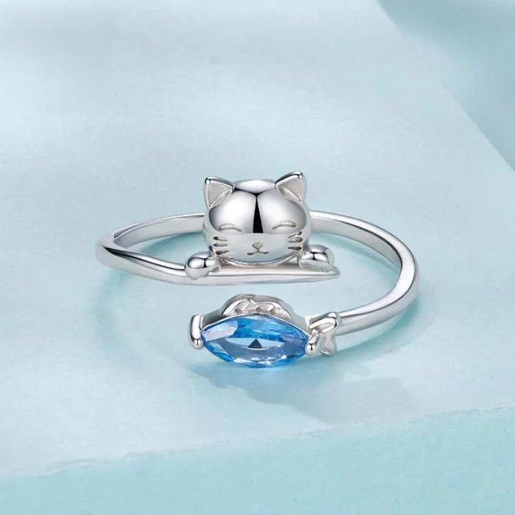 Copper-plated White Gold Cat Eating Fish Cute Open Ring(YIR307-E) - Image 3