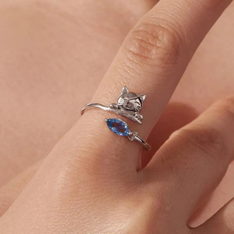 Copper-plated White Gold Cat Eating Fish Cute Open Ring(YIR307-E) - Image 5