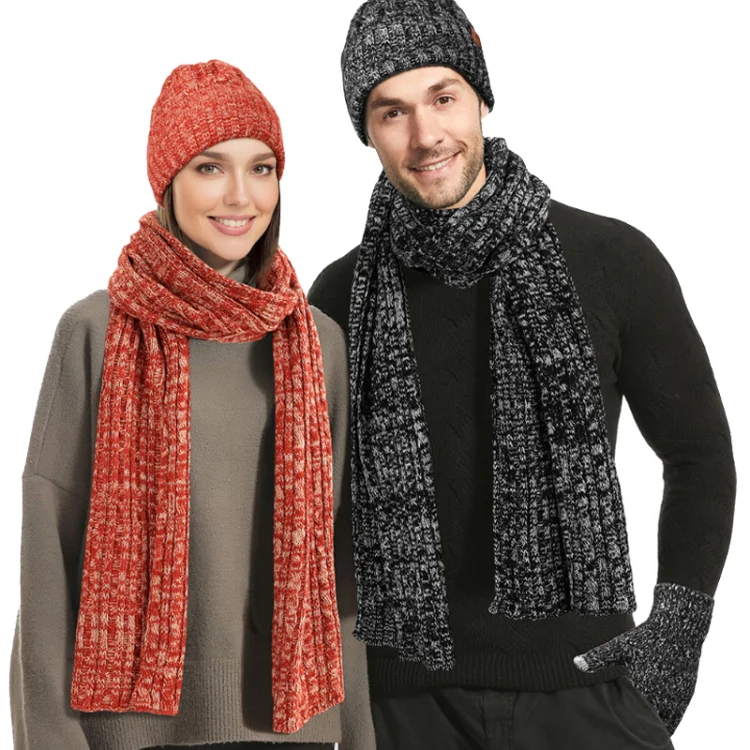 Couple Winter Hat Scarf Gloves 3 In 1 Set Thick Wool Knitted Warm Set(Red) - Image 3