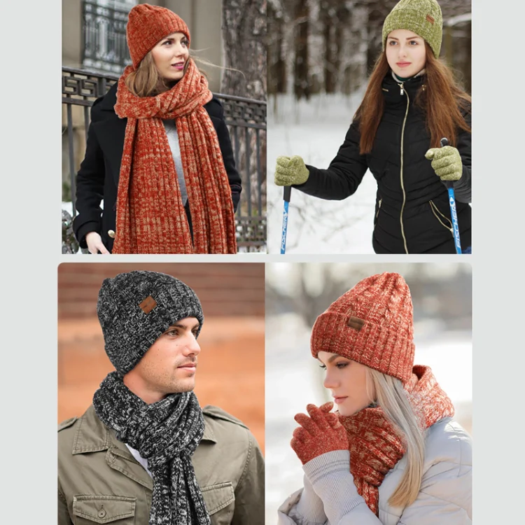 Couple Winter Hat Scarf Gloves 3 In 1 Set Thick Wool Knitted Warm Set(Red) - Image 7