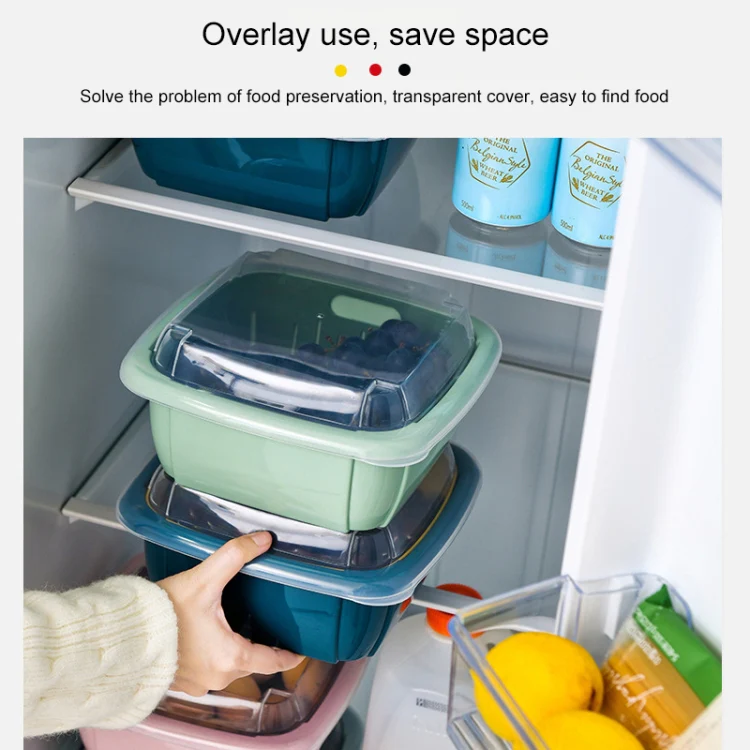 Creative Multifunctional Double-deck Drain Basket Kitchen Refrigerator Fresh Box Plastic Fruit Storage Basket with Lid(Matcha Green) - Image 11