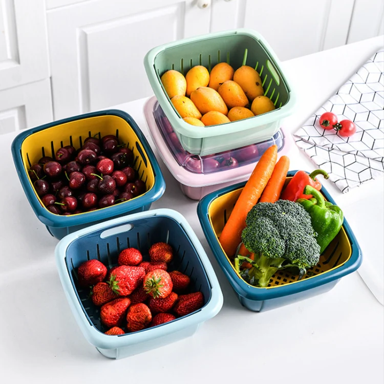 Creative Multifunctional Double-deck Drain Basket Kitchen Refrigerator Fresh Box Plastic Fruit Storage Basket with Lid(Matcha Green) - Image 12