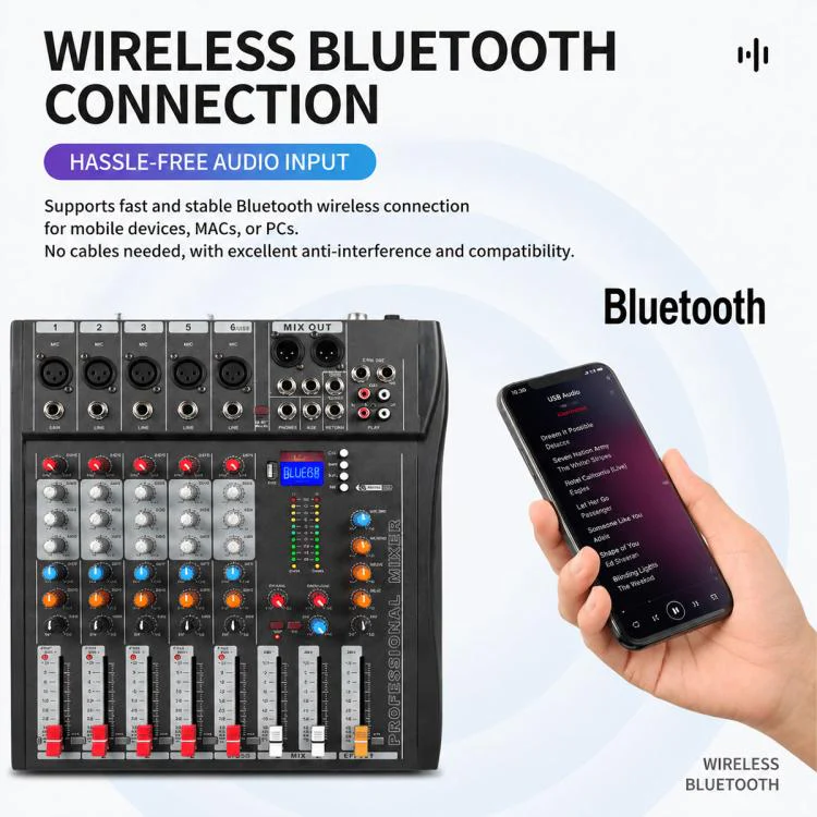 CT-6 6-Channel Professional Bluetooth Mixer with Amplifier, Plug Type:EU Plug(Black Grey) - Image 13