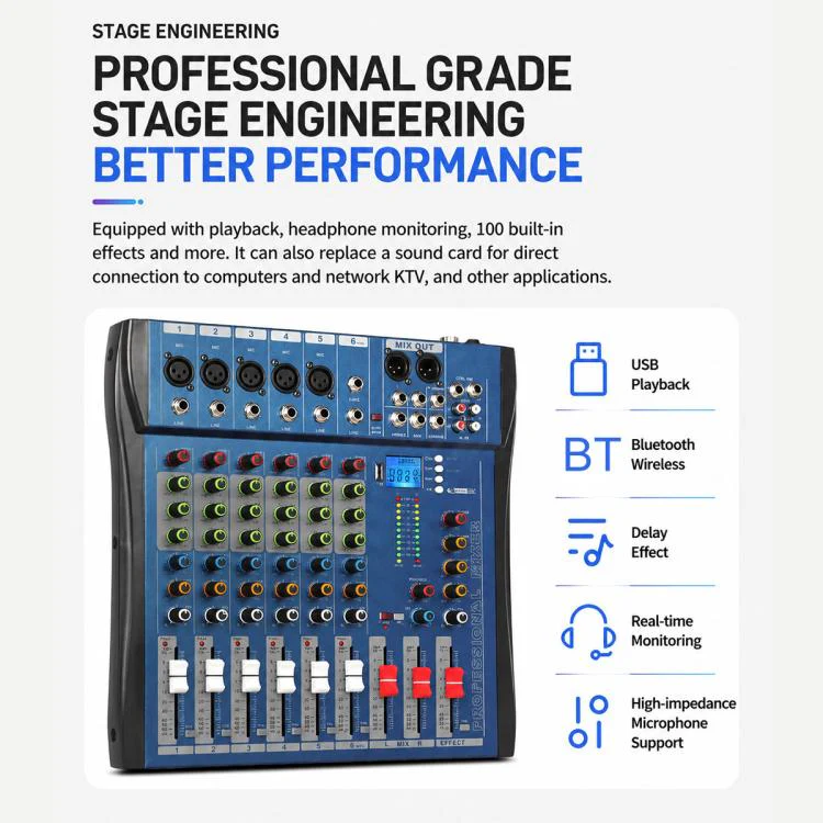 CT-6 6-Channel Professional Bluetooth Mixer with Amplifier, Plug Type:US Plug(Black Grey) - Image 5