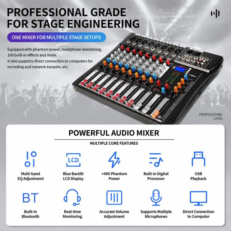 CT-8 8-Channel Professional Bluetooth Mixer USB Sound Card, Plug Type:EU Plug(Black Grey) - Image 5
