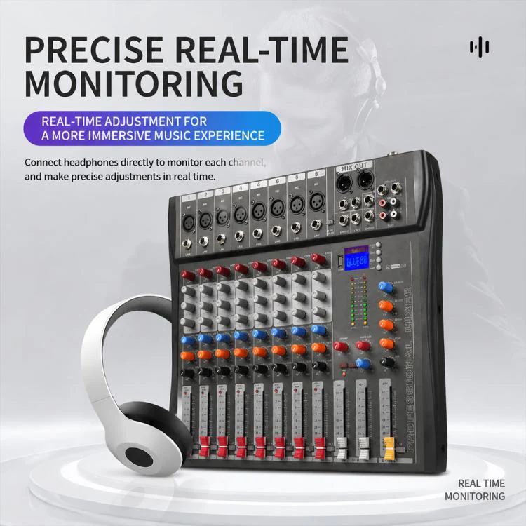 CT-8 8-Channel Professional Bluetooth Mixer USB Sound Card, Plug Type:US Plug(Black Grey) - Image 3