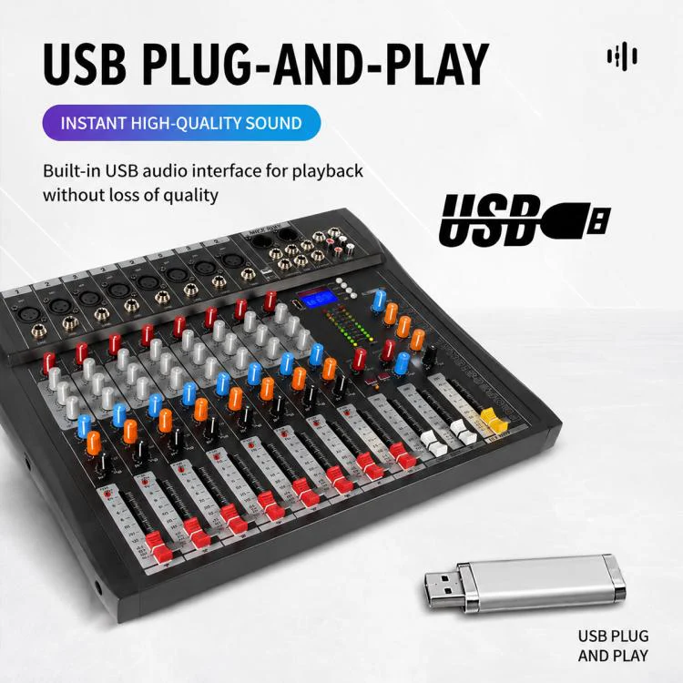 CT-8 8-Channel Professional Bluetooth Mixer USB Sound Card, Plug Type:US Plug(Black Grey) - Image 8