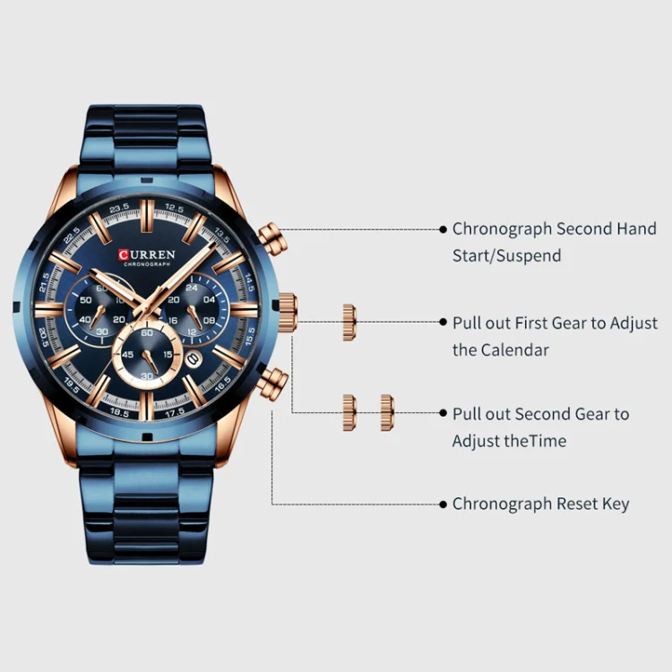 Curren M8355 Men Watch Waterproof Quartz Six Stitches Calendar Steel Belt Business Watch(Rose Shell Blue) - Image 5