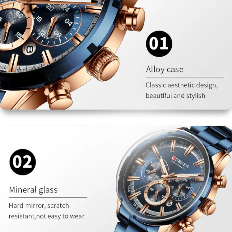 Curren M8355 Men Watch Waterproof Quartz Six Stitches Calendar Steel Belt Business Watch(Rose Shell Blue) - Image 6
