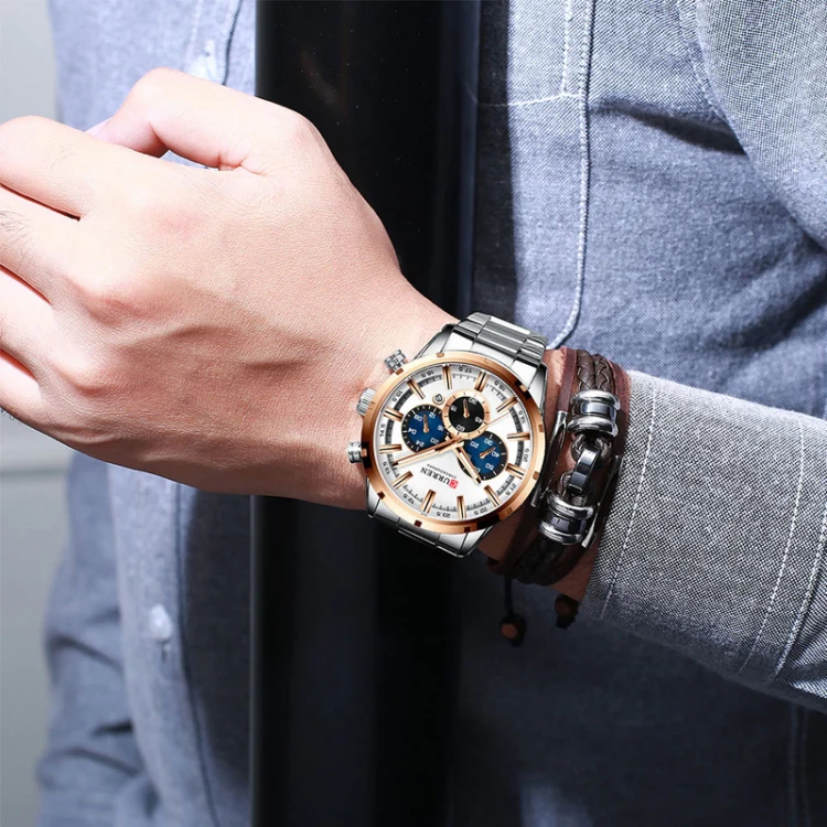Curren M8355 Men Watch Waterproof Quartz Six Stitches Calendar Steel Belt Business Watch(Rose Shell Blue) - Image 9