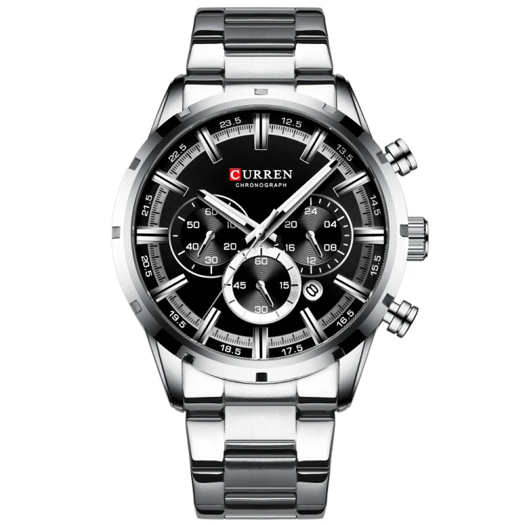 Curren M8355 Men Watch Waterproof Quartz Six Stitches Calendar Steel Belt Business Watch(White Shell Black)