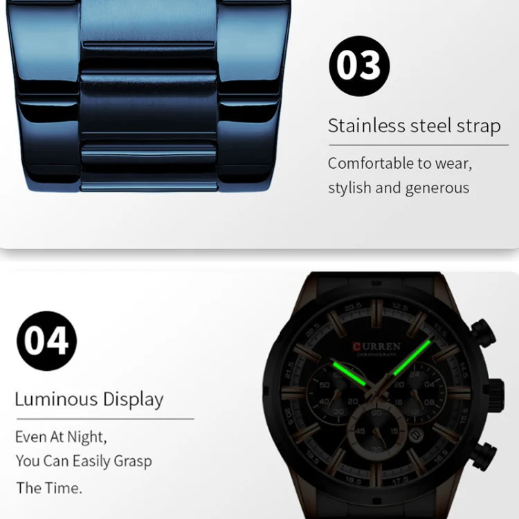 Curren M8355 Men Watch Waterproof Quartz Six Stitches Calendar Steel Belt Business Watch(White Shell Black) - Image 7