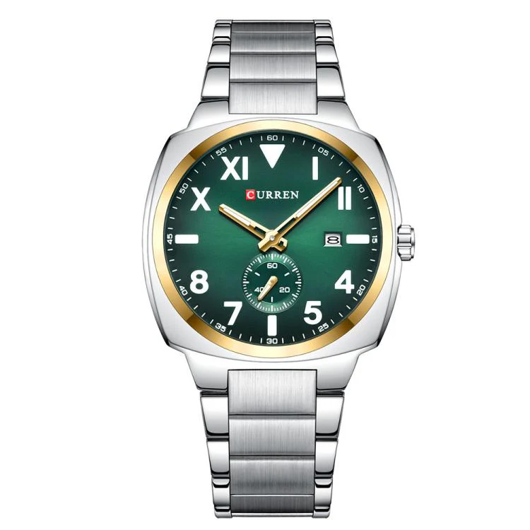 Curren Men Steel Band Calendar Business Quartz Watch(Gold Ring Green)