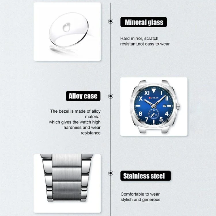 Curren Men Steel Band Calendar Business Quartz Watch(White Shell Blue) - Image 4