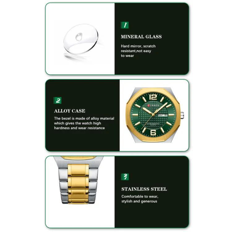 Curren Steel Band Calendar Men'S Business Quartz Watch(Gold Green) - Image 4
