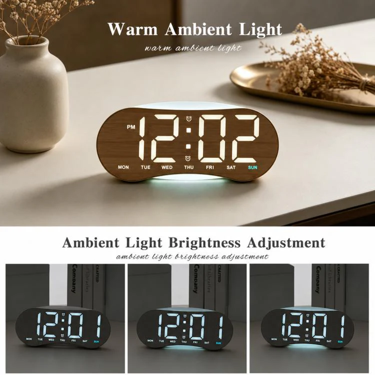 Curved LED Digital Wall Clock Large Display Desk Clock with Ambient Night Light, Day Date Temperature Dimmable for Bedroom Office(GH9032 Black Shell Green Light) - Image 5