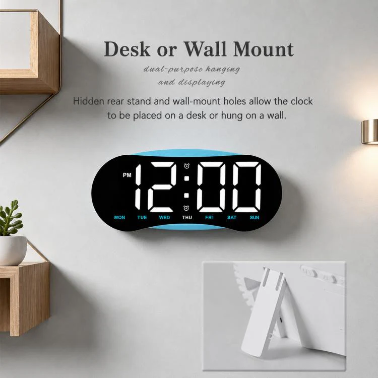 Curved LED Digital Wall Clock Large Display Desk Clock with Ambient Night Light, Day Date Temperature Dimmable for Bedroom Office(GH9032 White Shell Blue Light) - Image 3