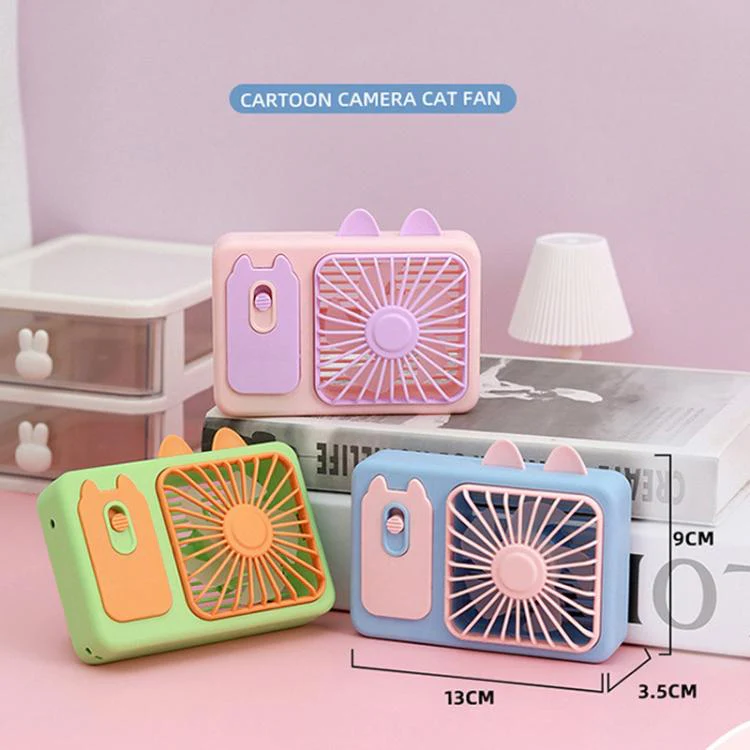 Cute Cartoon Kitten Camera Handheld Large Wind Rechargeable Fan With Stand Desktop Fan(Pink) - Image 3