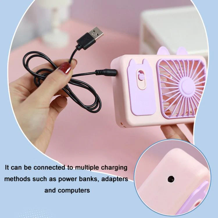 Cute Cartoon Kitten Camera Handheld Large Wind Rechargeable Fan With Stand Desktop Fan(Pink) - Image 8