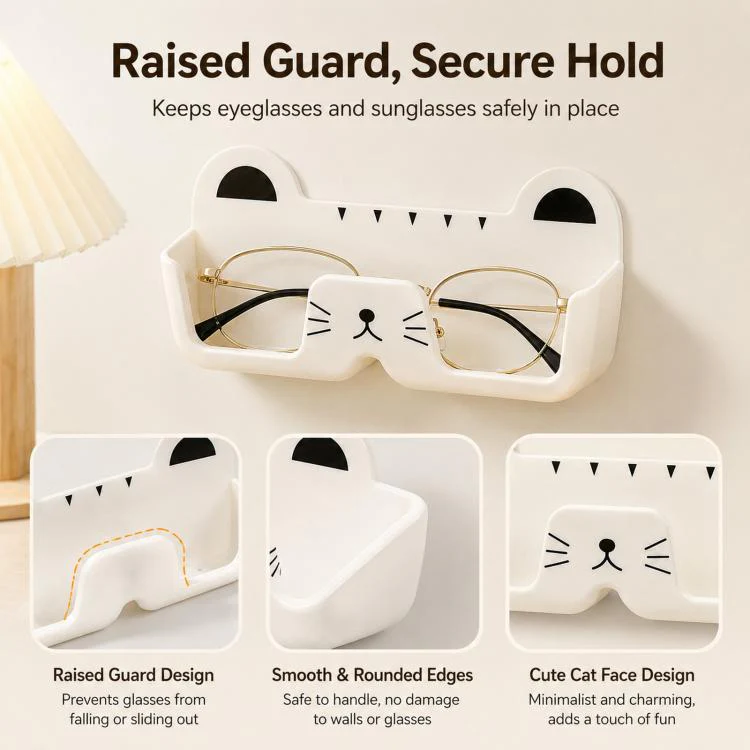 Cute Cat Wall Mounted Glasses Holder Punch-Free Adhesive Eyeglass Organizer Stand Space-Saving Sunglasses Storage Box for Bedside, Closet, Vanity, Car(White) - Image 3