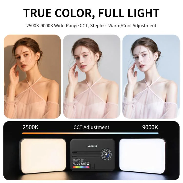 Desiontal iReal-X3 Slim RGB Fill Light 2500K-9000K Pocket LED Video Light (Black) - Image 4