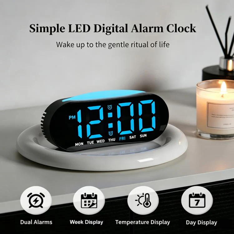 Digital Alarm Clock for Bedroom With Atmosphere Night Light, 2 Alarms, Week/Date/Temperature Display(Black Shell Blue Light) - Image 2