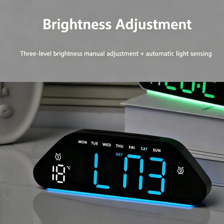 Digital Alarm Clock With Large LED Display 3 Brightness Levels, Auto-Dimming, Atmosphere Night Light & Timer(5530 Black Shell Green Light) - Image 5
