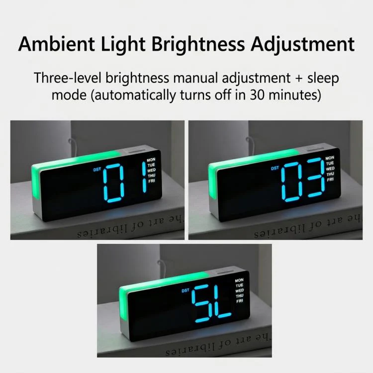 Digital Alarm Clock with RGB L-Shaped Night Light, Dual Alarms, Day/Date/Temperature Display, 3 Brightness Levels(5525 Black Shell Orange Light) - Image 5