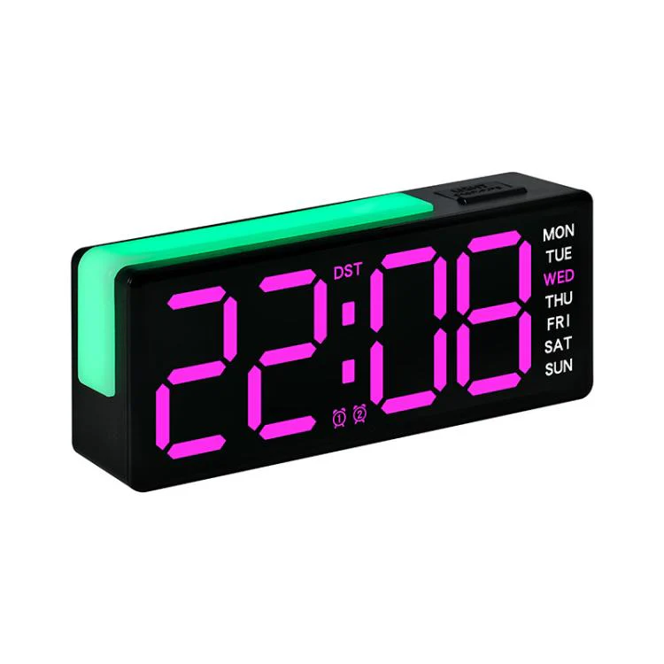 Digital Alarm Clock with RGB L-Shaped Night Light, Dual Alarms, Day/Date/Temperature Display, 3 Brightness Levels(5525 Black Shell Pink Light)