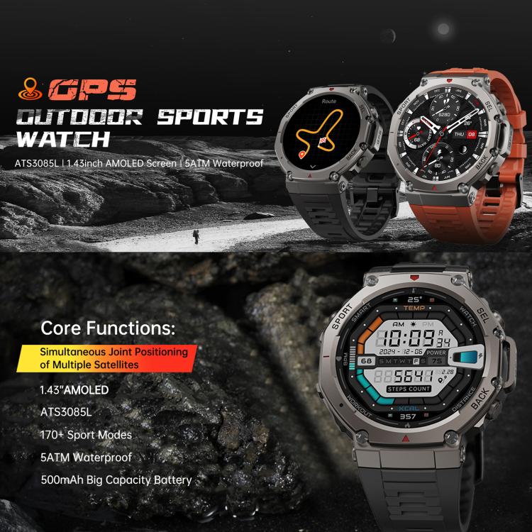 DM58 1.43 Inch AMOLED Screen GPS Smart Watch 5ATM Waterproof Sports Watch(Black) - Image 2