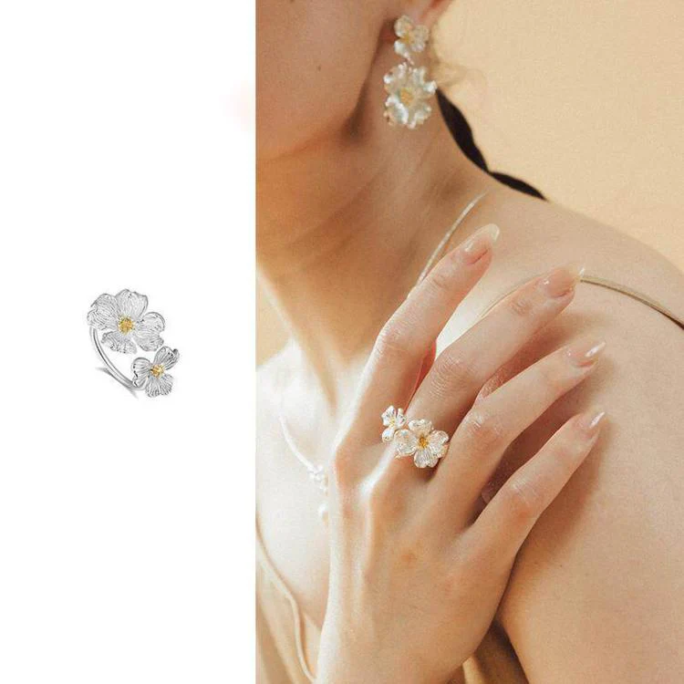 Dogwood Flower Open Rings Adjustable Two-Tone Floral Statement Finger Knuckle Jewelry(J8757)