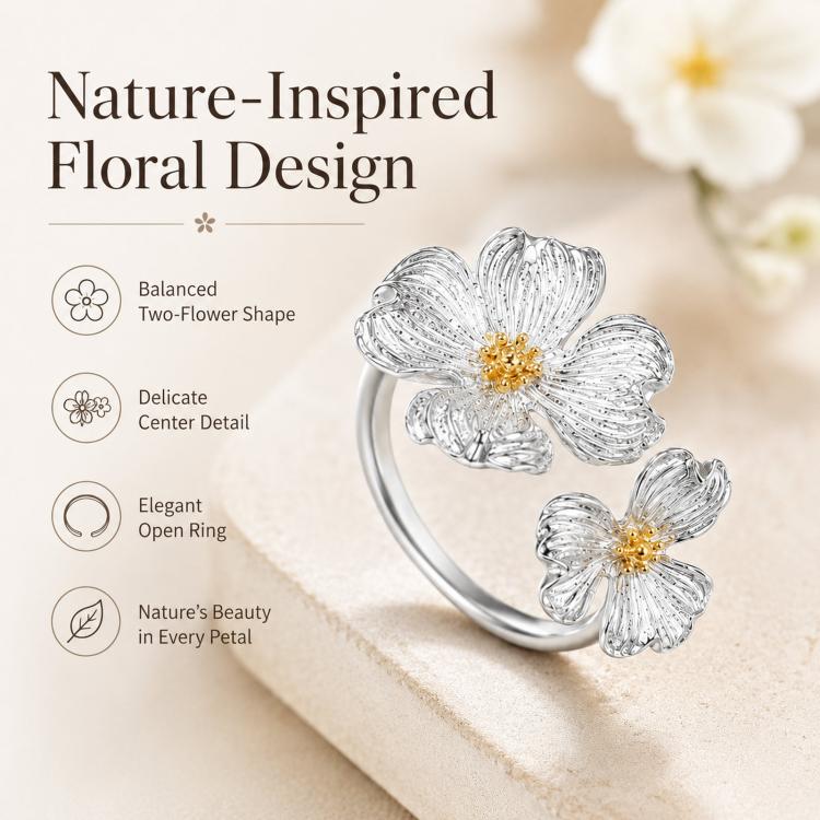 Dogwood Flower Open Rings Adjustable Two-Tone Floral Statement Finger Knuckle Jewelry(J8757) - Image 2