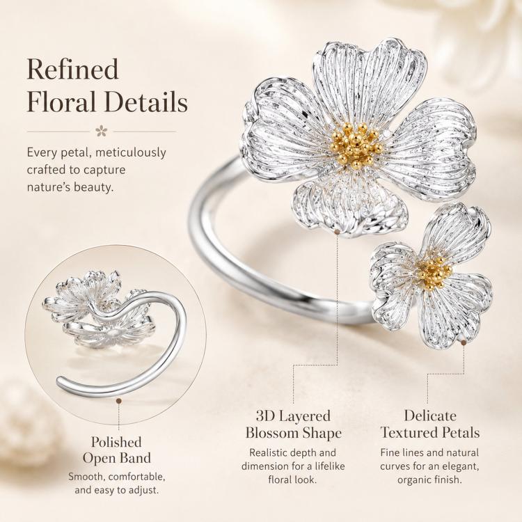 Dogwood Flower Open Rings Adjustable Two-Tone Floral Statement Finger Knuckle Jewelry(J8757) - Image 3