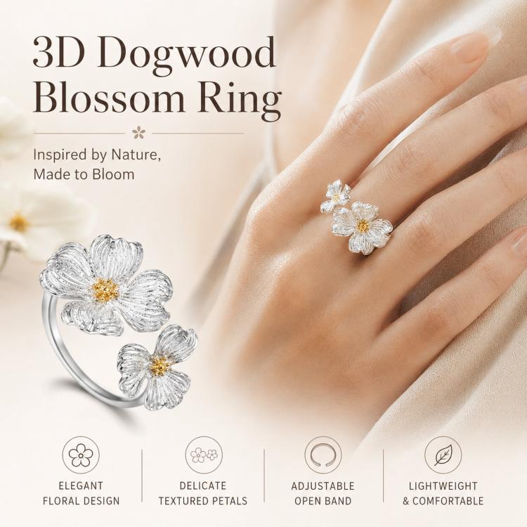Dogwood Flower Open Rings Adjustable Two-Tone Floral Statement Finger Knuckle Jewelry(J8757) - Image 4
