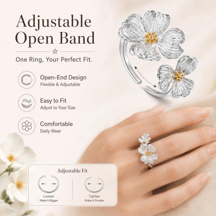 Dogwood Flower Open Rings Adjustable Two-Tone Floral Statement Finger Knuckle Jewelry(J8757) - Image 5