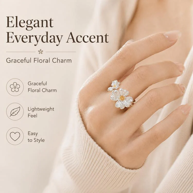 Dogwood Flower Open Rings Adjustable Two-Tone Floral Statement Finger Knuckle Jewelry(J8757) - Image 6