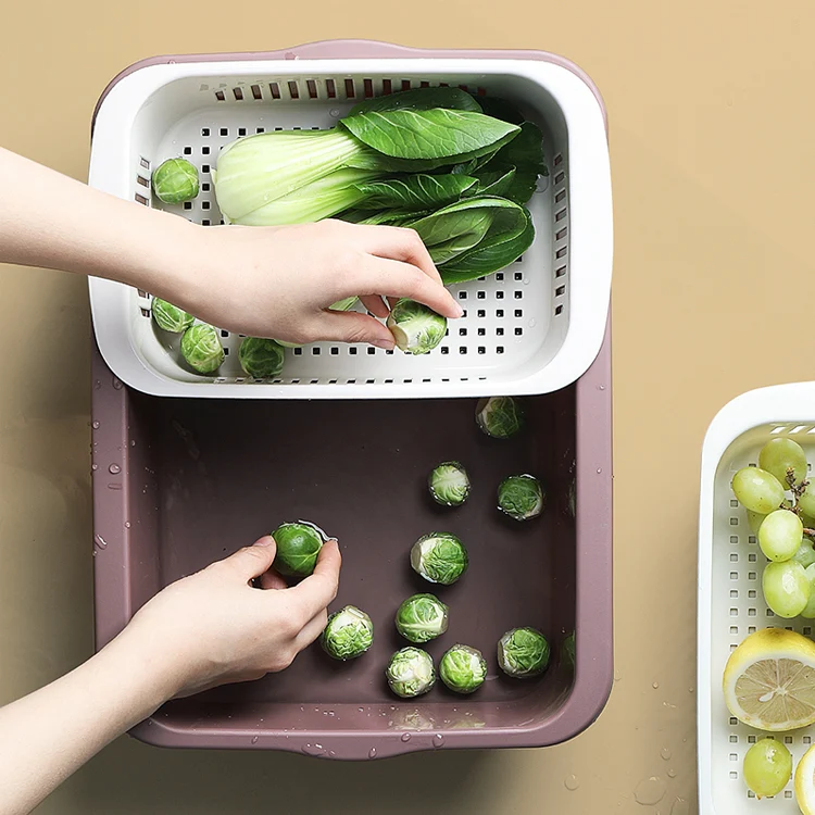 Double-layer Classification Square Drain Basket Kitchen Household Plastic Fruit and Vegetable Basket(Dark Red)