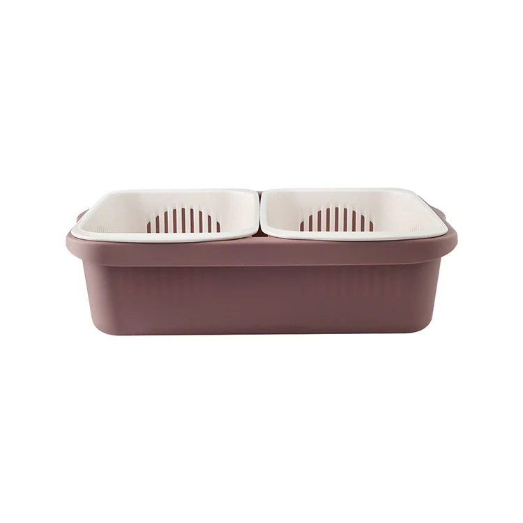 Double-layer Classification Square Drain Basket Kitchen Household Plastic Fruit and Vegetable Basket(Dark Red) - Image 2