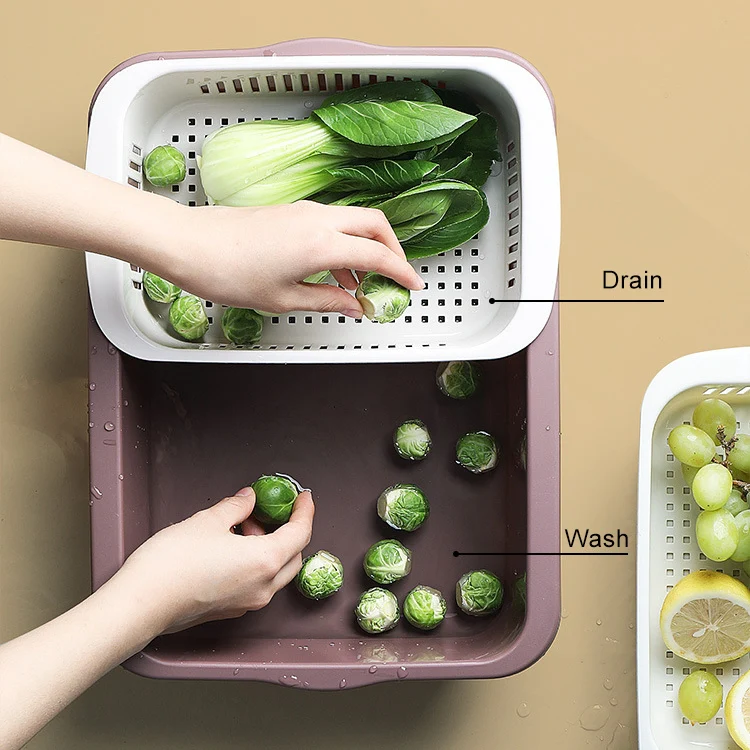 Double-layer Classification Square Drain Basket Kitchen Household Plastic Fruit and Vegetable Basket(Dark Red) - Image 7