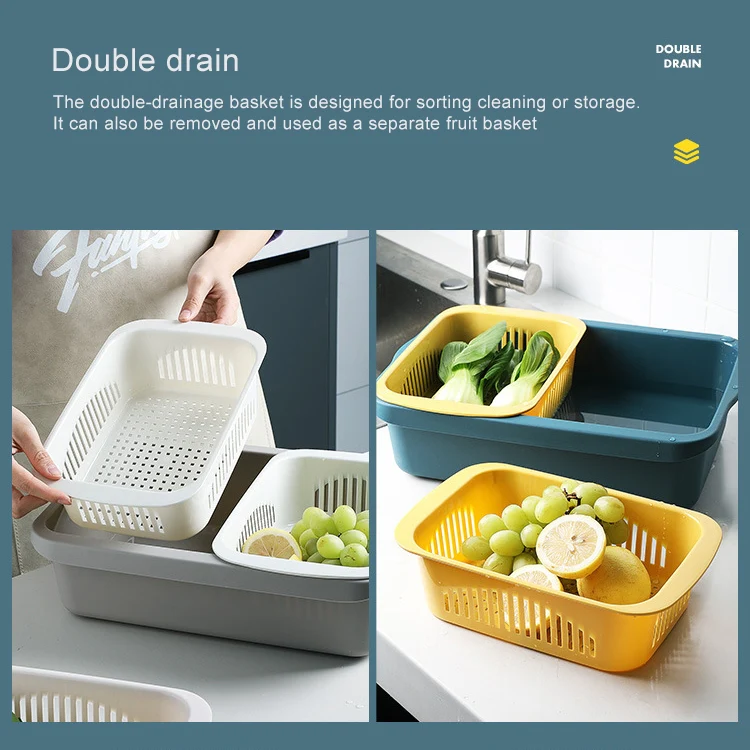 Double-layer Classification Square Drain Basket Kitchen Household Plastic Fruit and Vegetable Basket(Dark Red) - Image 9