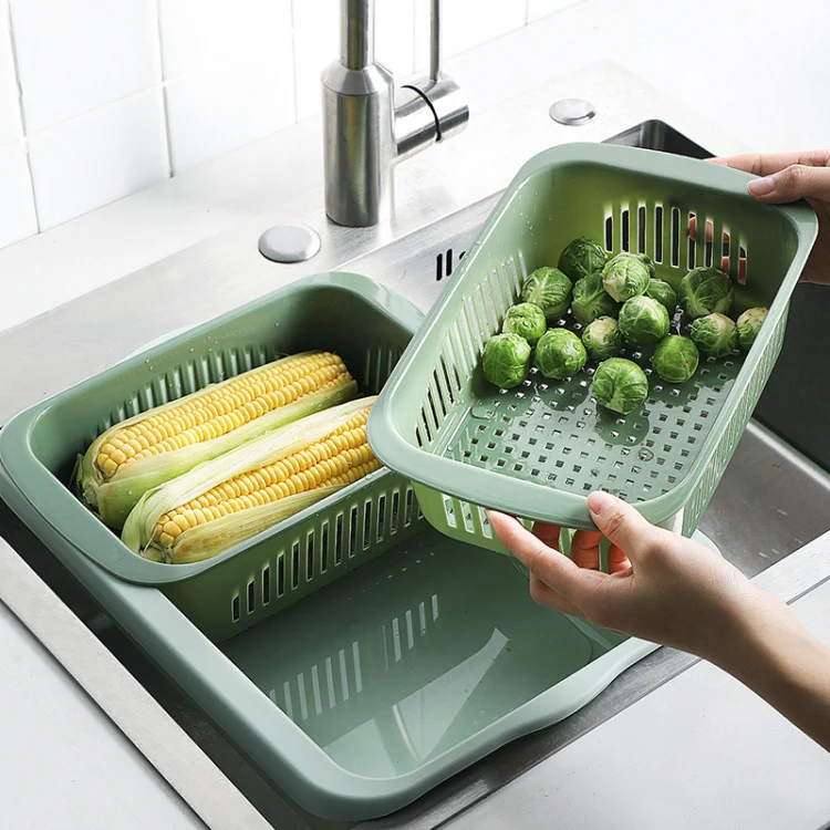 Double-layer Classification Square Drain Basket Kitchen Household Plastic Fruit and Vegetable Basket(Grass Green)