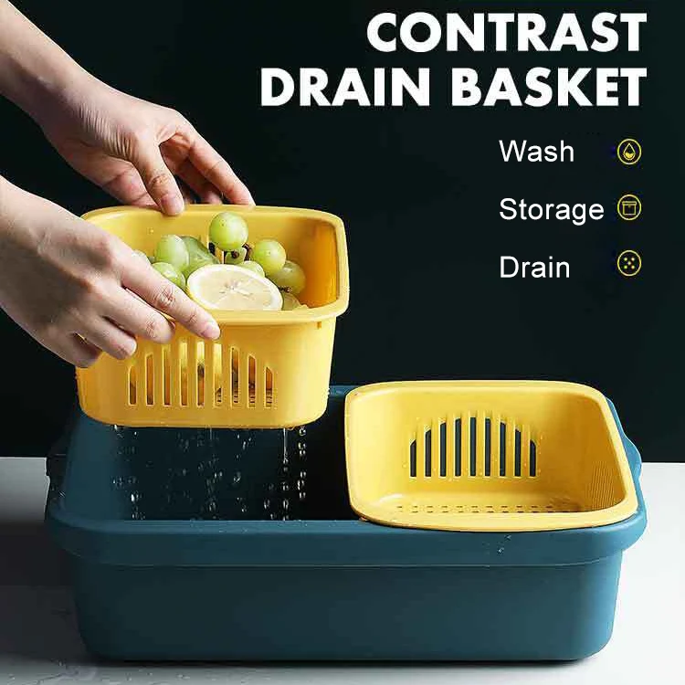 Double-layer Classification Square Drain Basket Kitchen Household Plastic Fruit and Vegetable Basket(Grass Green) - Image 8