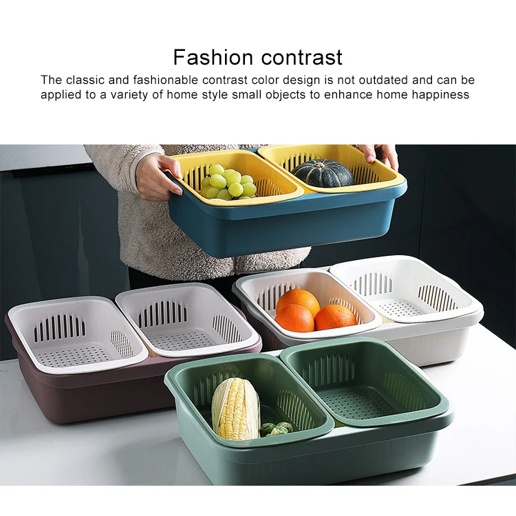 Double-layer Classification Square Drain Basket Kitchen Household Plastic Fruit and Vegetable Basket(Light Gray) - Image 6