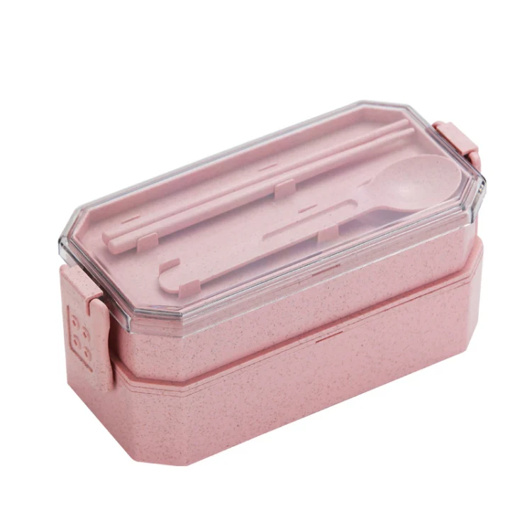 Double-layer Lunch Box Plastic Microwaveable Student Lunch Box Cutlery set(Pink)