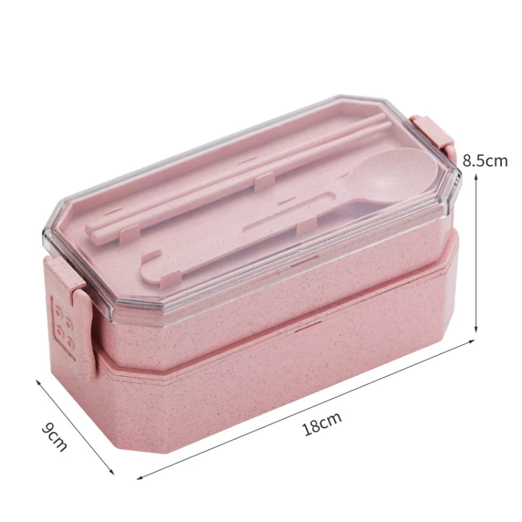 Double-layer Lunch Box Plastic Microwaveable Student Lunch Box Cutlery set(Pink) - Image 2
